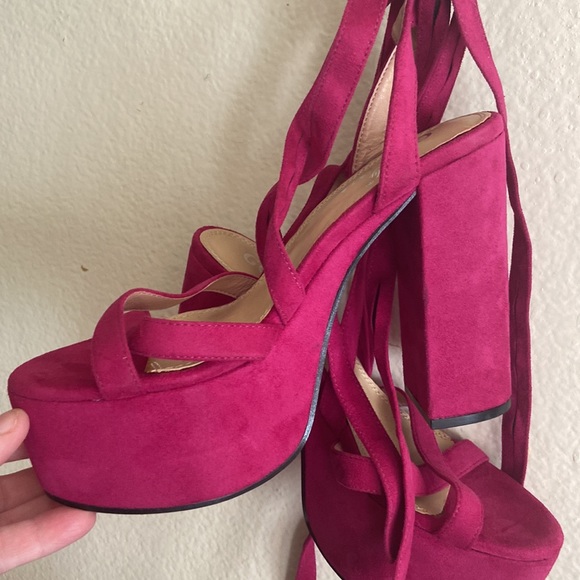 CUTE!!!Barbie Pink Soft Velvety Platform Open Toe Lace up Heels Size 7.5 - Picture 6 of 17